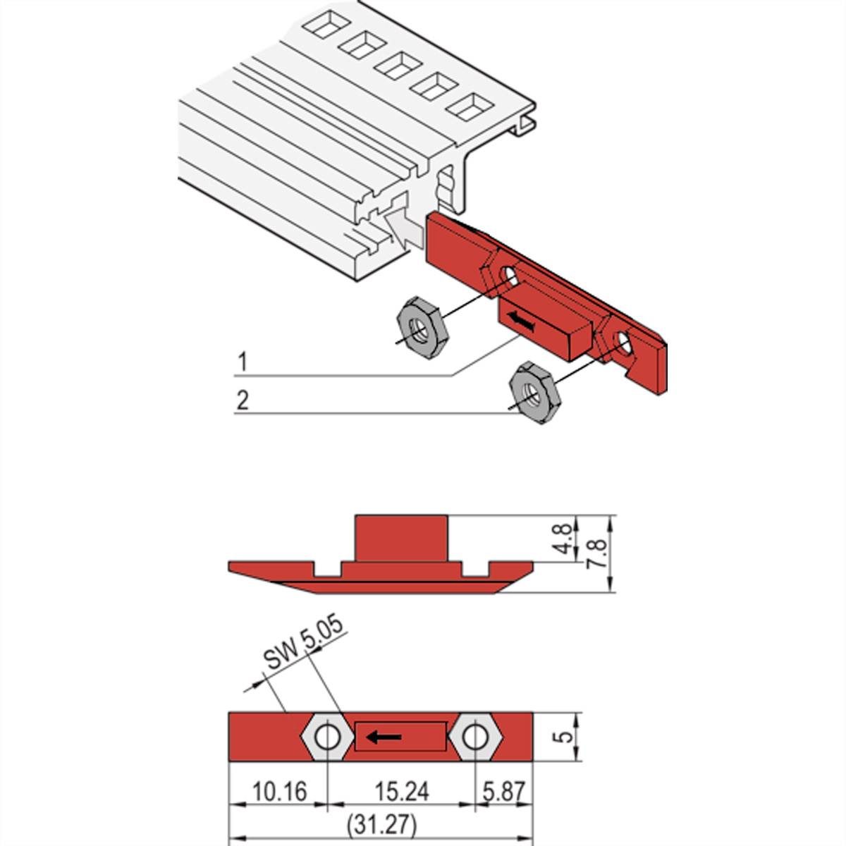 Technische tekening van een rood onderdeel dat wordt gemonteerd op een metalen geleiderail. Afmetingen en schroefverbindingen zijn weergegeven.