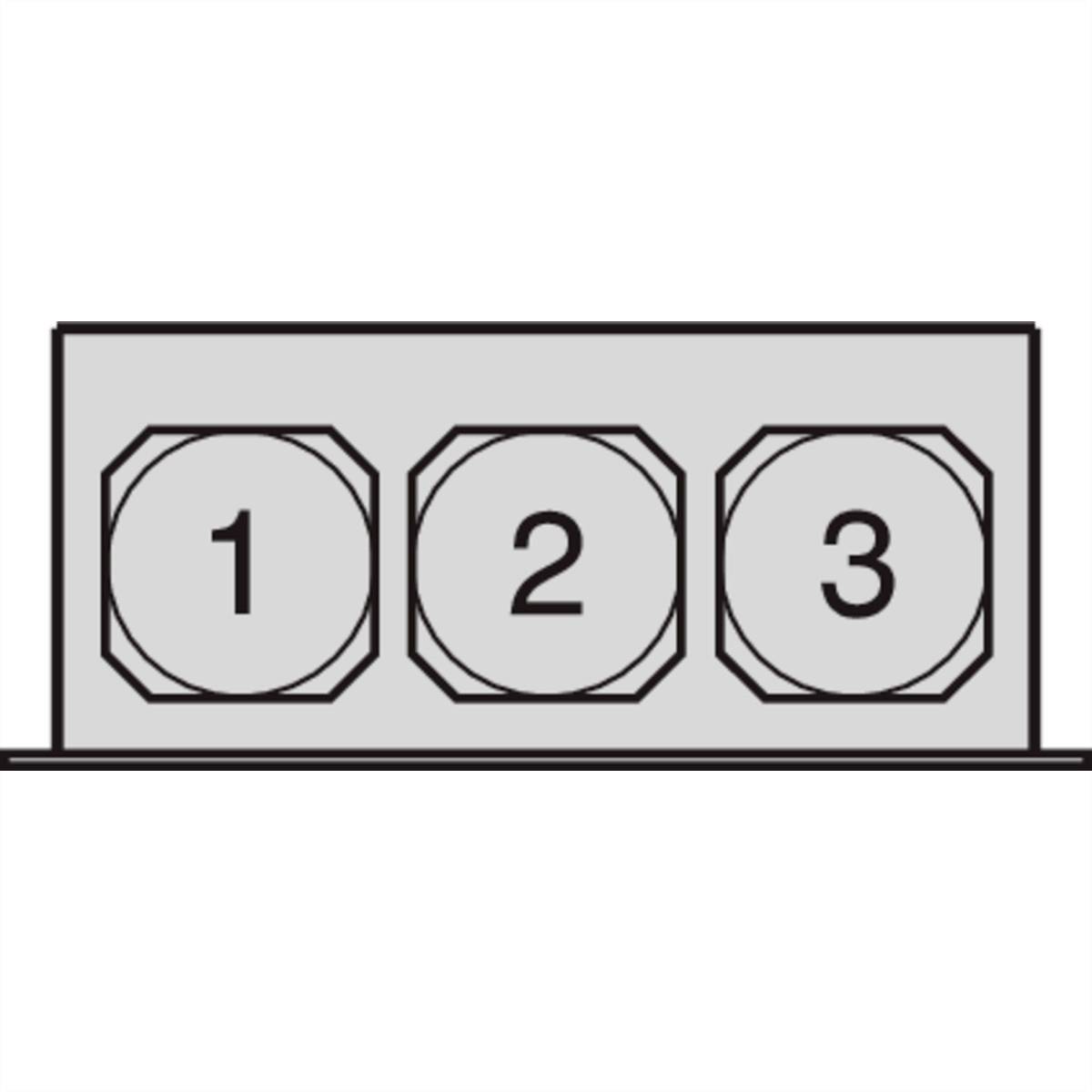 'Drie genummerde knoppen, van links naar rechts: 1, 2, 3.'