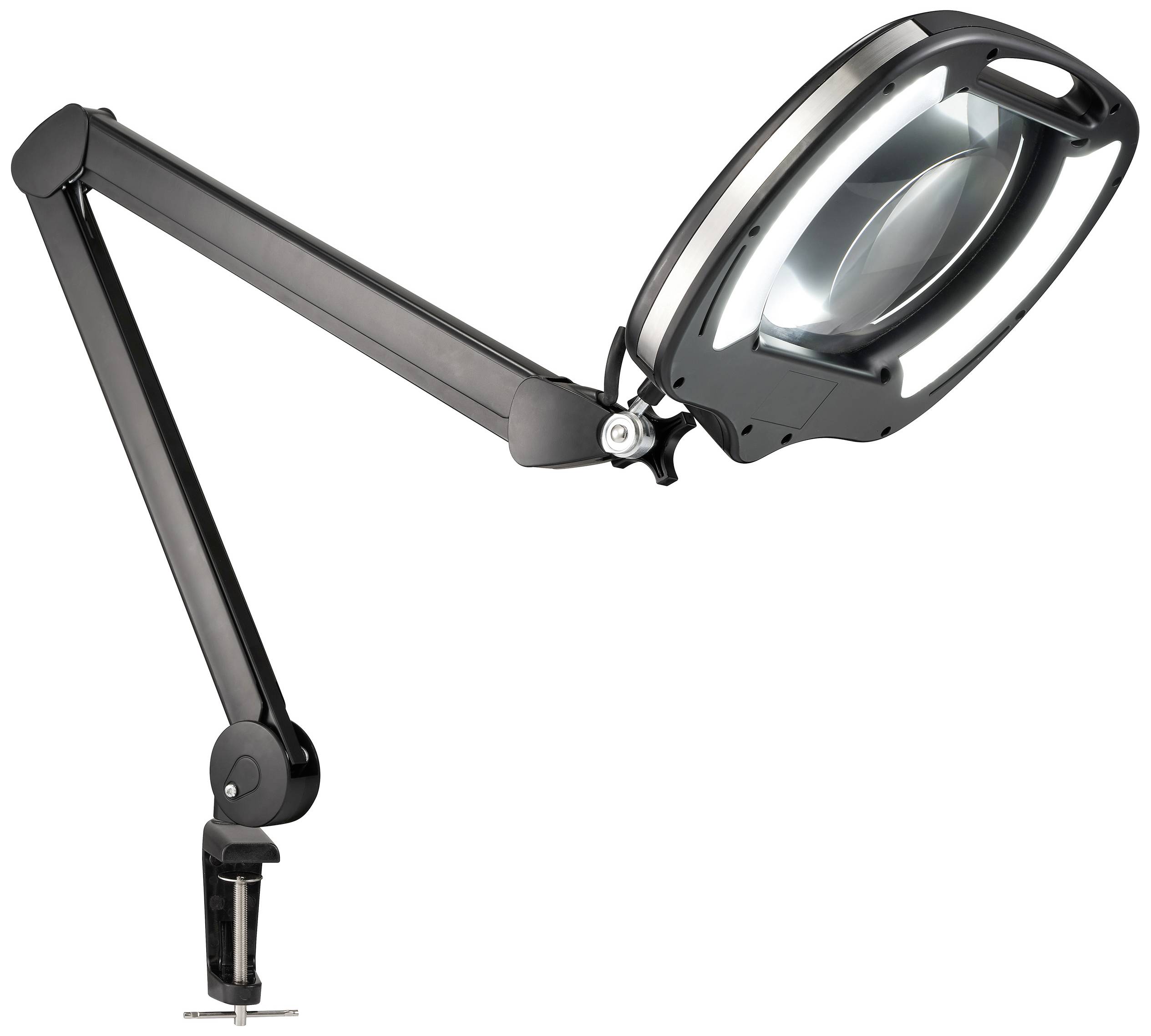 Zwarte bureaulamp met vergrootglas en verstelbare arm met geïntegreerde verlichting, bevestigd aan de rand van een tafel.