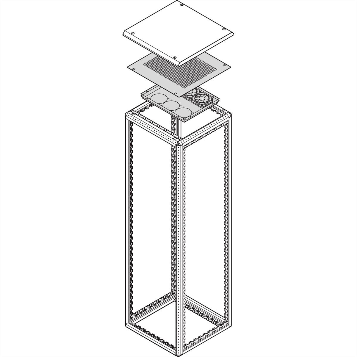 Tekening van een open, hoge metalen frame met meerdere componenten boven elkaar gerangschikt. Toont de assemblage van een apparatenkast.