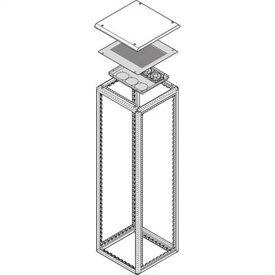 Tekening van een open, hoge metalen frame met meerdere componenten boven elkaar gerangschikt. Toont de assemblage van een apparatenkast.