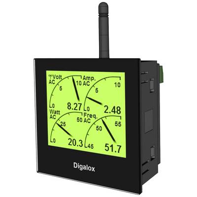 Elektronisch display toont meetwaarden: 8,27 Volt, 2,48 Ampère, 20,3 Watt en 51,7 Hertz. Merknaam 'Digalox' onderaan.
