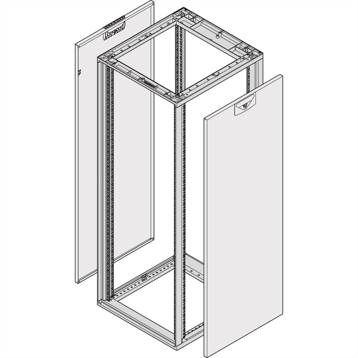Technische tekening van een rechthoekig metalen frame met gedeeltelijk verwijderde zijplaten. Toont constructie en structuur van een kast.
