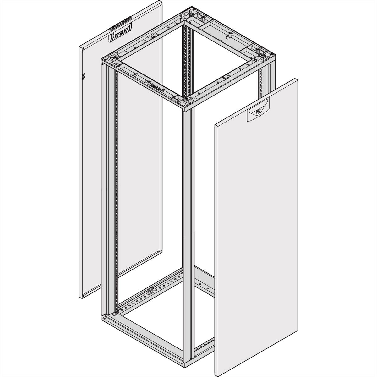 Een technische tekening van een rechthoekig metalen frame met twee verwijderbare zijwanden en een frontdeur die openstaat.