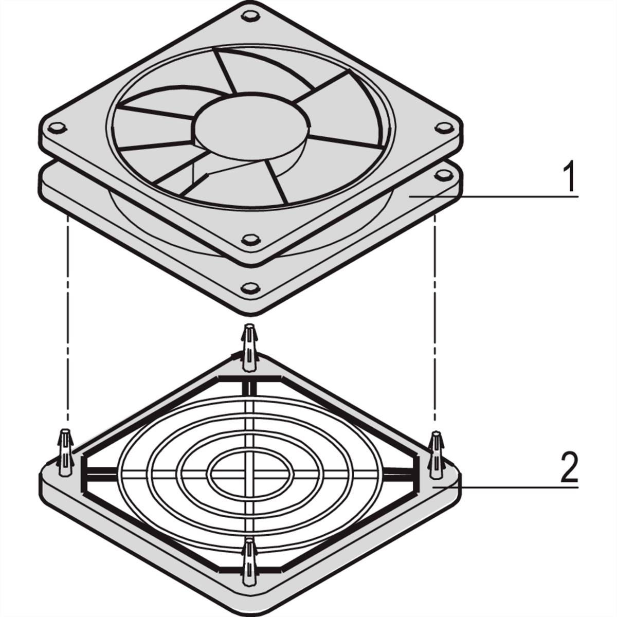 'Afbeelding van een axiale ventilator met details van montage-instructies. Nummer 1 toont de ventilator, nummer 2 het beschermrooster.'