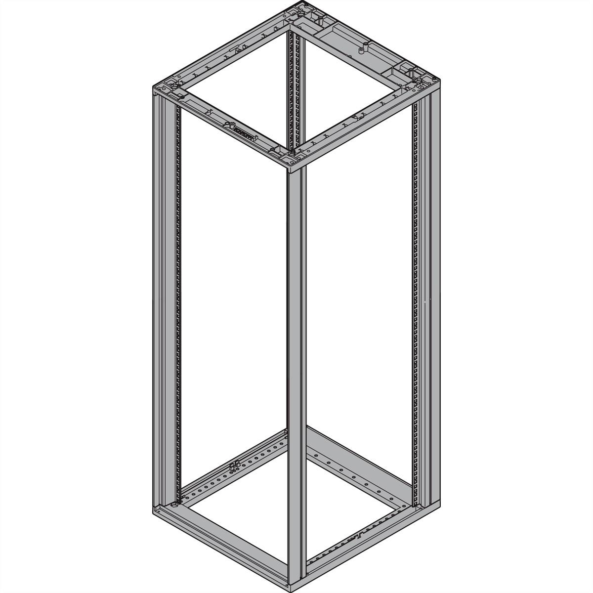 Een rechthoekig, open metalen frame dat dienst doet als basisstructuur van een serverrek. Het ontwerp toont draagvermogen en stabiliteit.