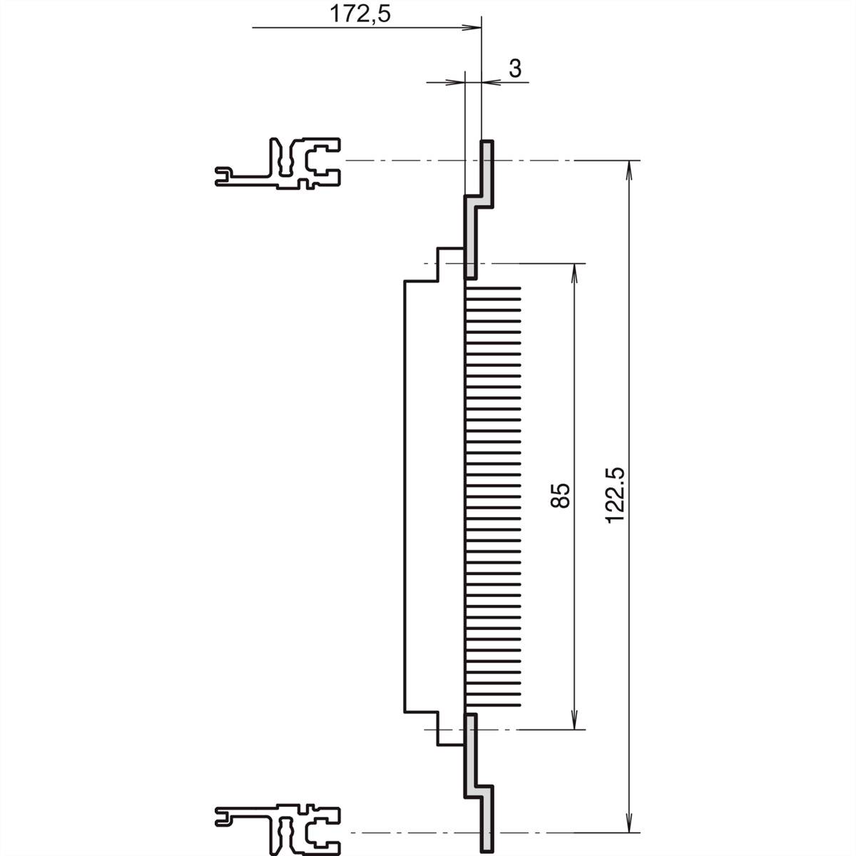 Technische tekening van een profiel met hoogte- en breedtegegevens: 172,5 mm (breedte), 122,5 mm en 85 mm (hoogte), 3 mm (marge).