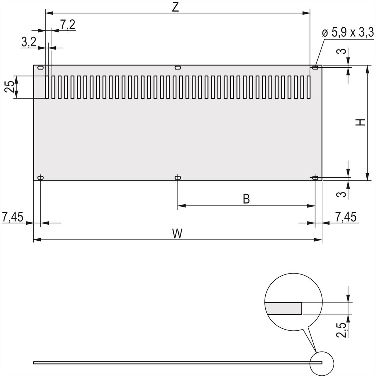 Technische tekening van een rechthoekig onderdeel met afmetingen: Z, H, W, B. Cirkelvormige aanduiding toont detailuitsnede met Ø 5,9 x 3,3.