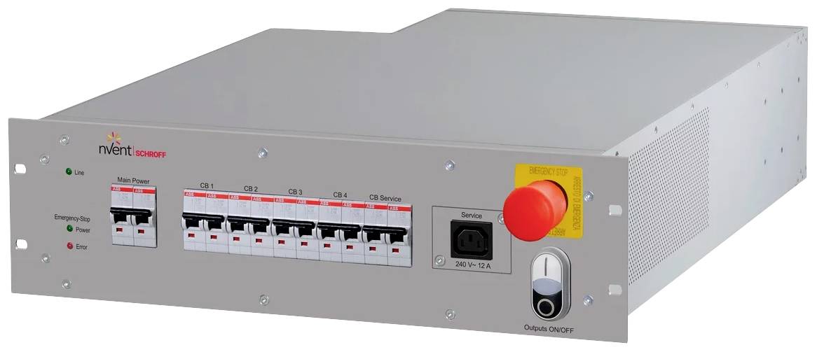 Grijs rack-mount apparaat met meerdere beveiligingsschakelaars en een rode noodstopknop. Displays geven de bedrijfsstatus weer.