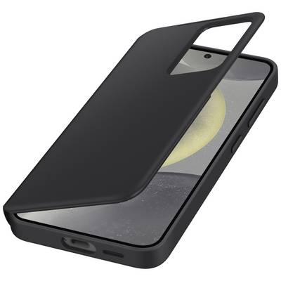 Zwarte telefoonhoes met een cover die een smartphone beschermt met een planetenmotief. Knoppen en aansluitingen zijn zichtbaar.