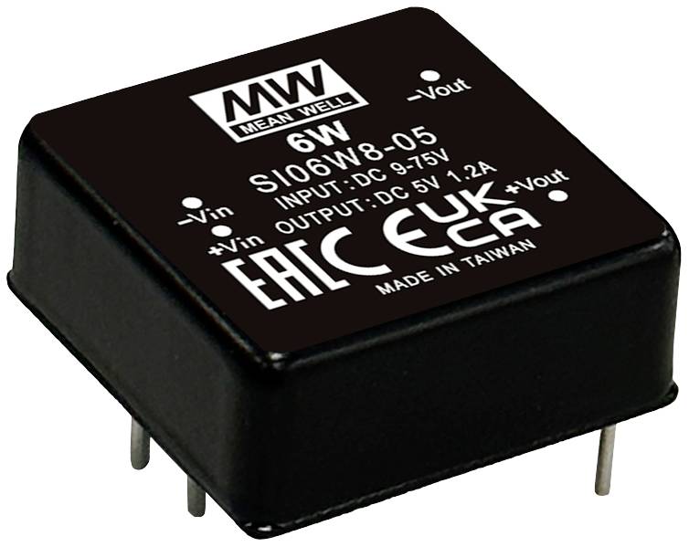 'Mean Well Converter, 6W, Model SI06W8-05. Ingang: DC 9-75V, Uitgang: DC 5V 1.24A, Vervaardigd in Taiwan.'