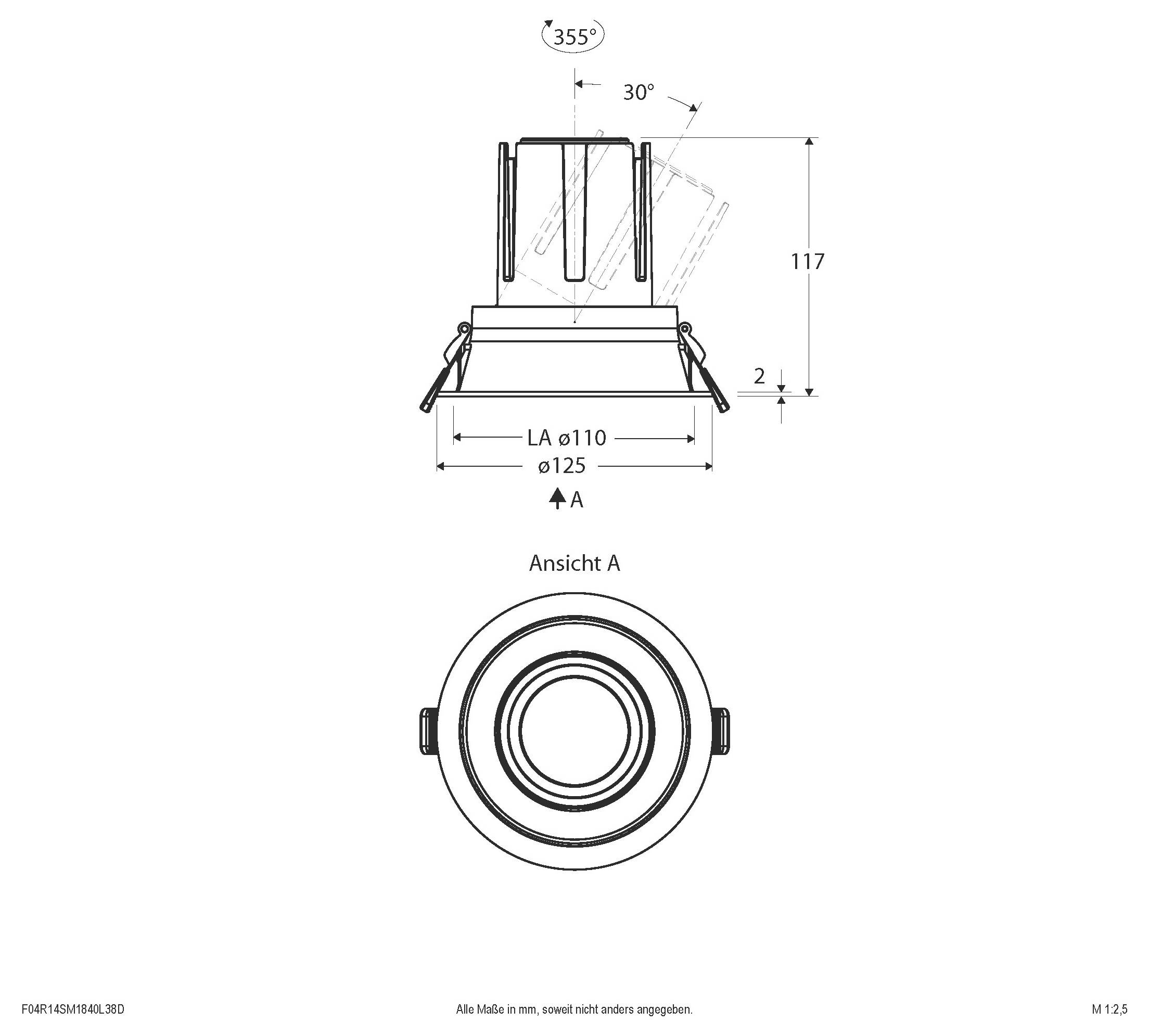 Technische tekening van een circulaire inbouwkop weergegeven in zijaan- en voorkant, met afmetingen 117 hoogte, 125 diameter, 110 uitsparing, 355° rotatie en 30° kantel.