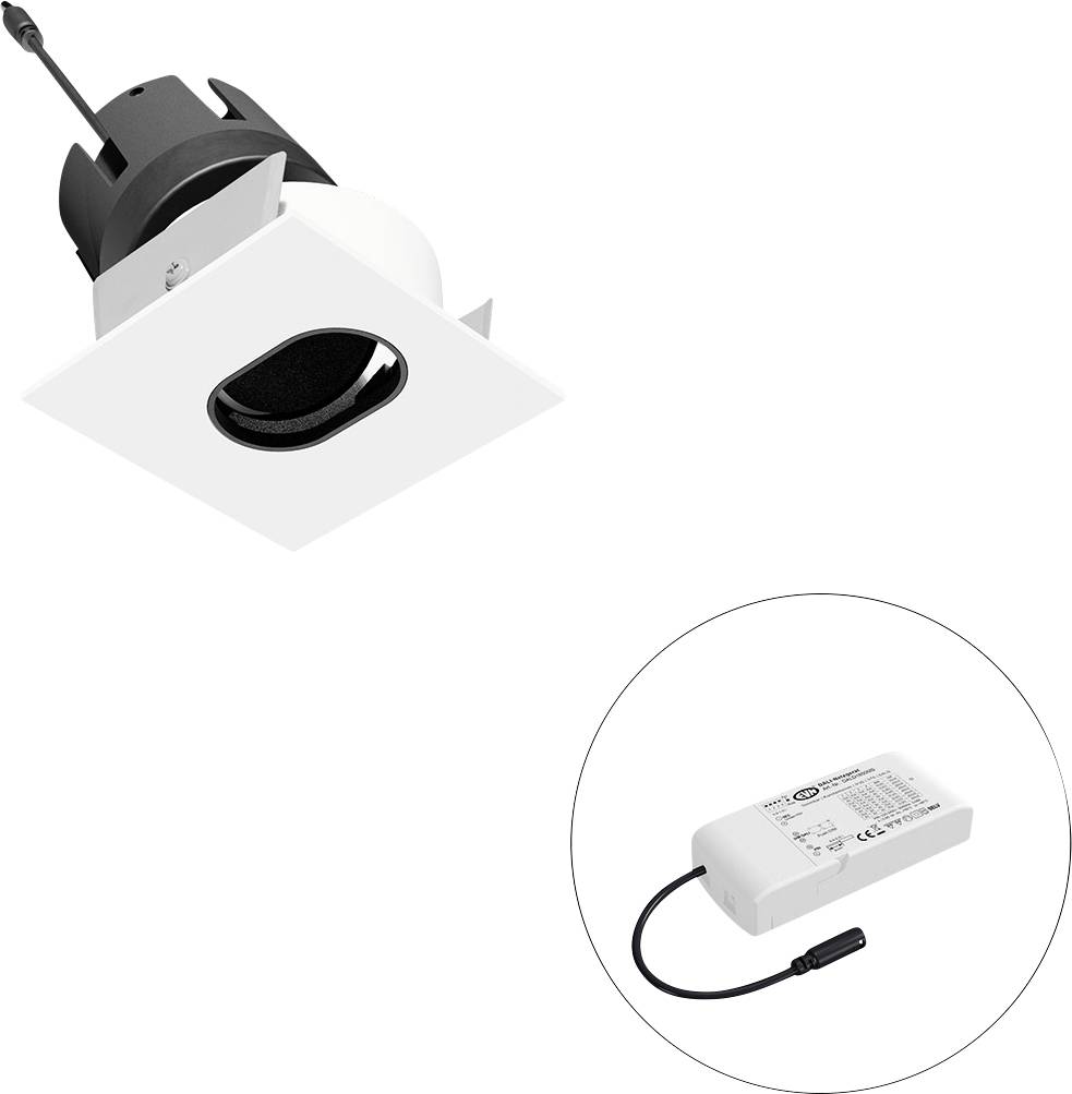 Inbouwbare vierkante plafondspot met verstelbare zwarte lamp en externe stuurmodule weergegeven in een ronde inzet.