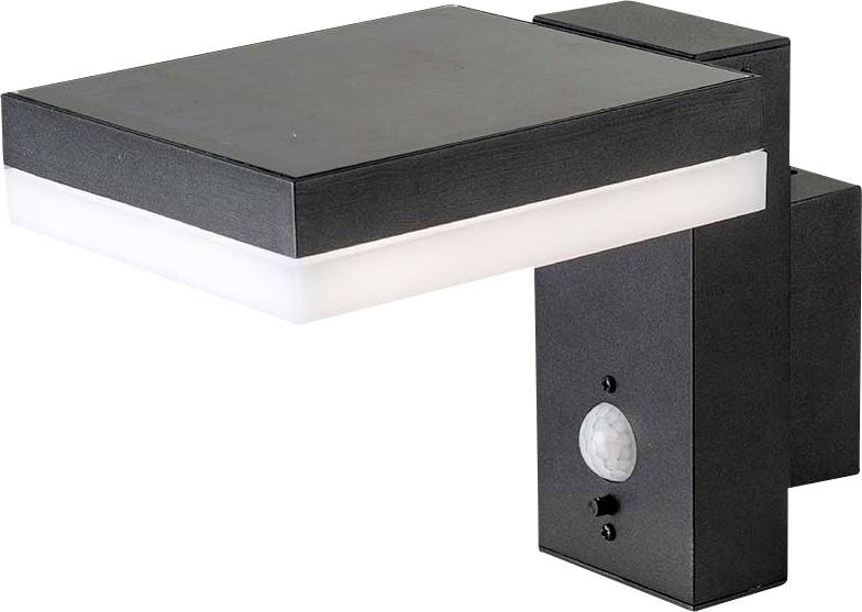 Moderne zwarte wandlamp met rechthoekig ontwerp en geïntegreerde bewegingssensor, geschikt voor buitengebruik.
