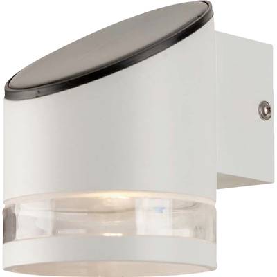 Witte buitenwandlamp met een naar boven gericht, afgerond ontwerp en een transparant gedeelte voor lichtuitstraling.