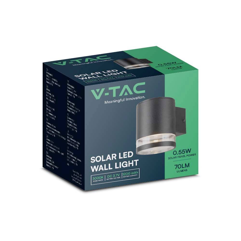 Verpakking van een V-TAC Solar LED Wandlamp, 0,55W vermogen, 70 lumen, zwarte lamp. Bevat technische specificaties en merklogo.