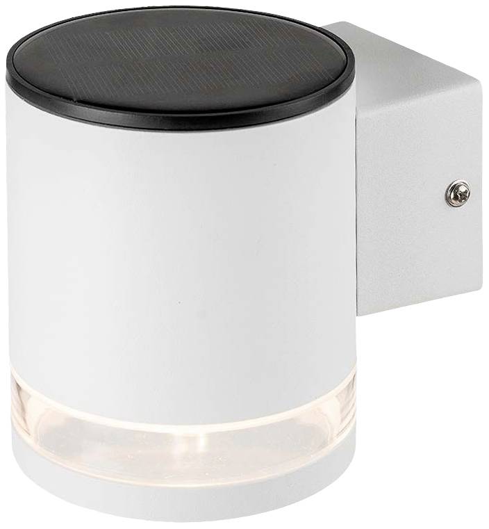 Buitenwandlamp van wit metaal met een cilindrisch ontwerp en een transparant onderste gedeelte. Bovenaan een zonnepaneel.