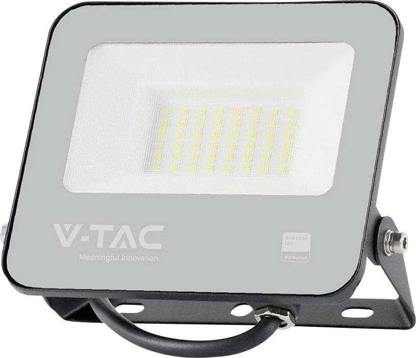 LED-schijnwerper met zwarte behuizing. Opschrift 'V-TAC' daaronder 'Meaningful Innovation'. Verstelbare bevestiging onderaan.