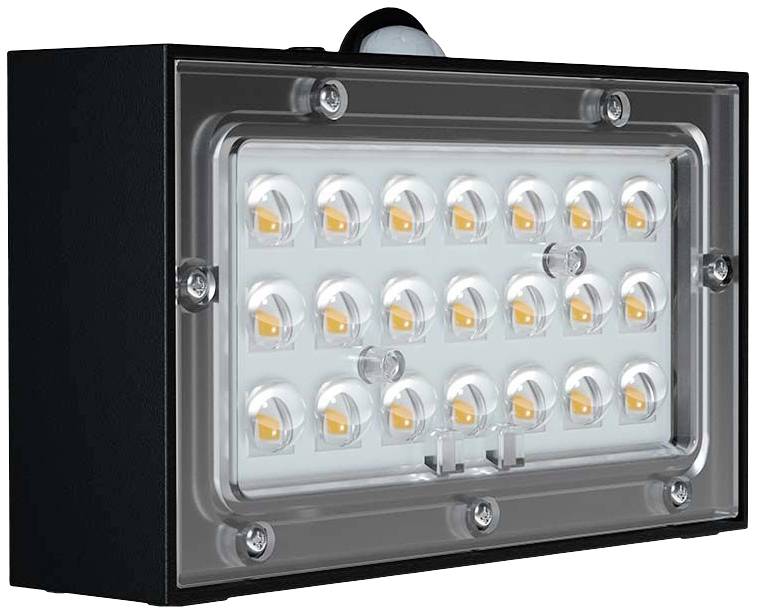 Zwart LED-schijnwerper met transparante behuizing en meerdere lichtgevende dioden, geschikt voor buitengebruik.
