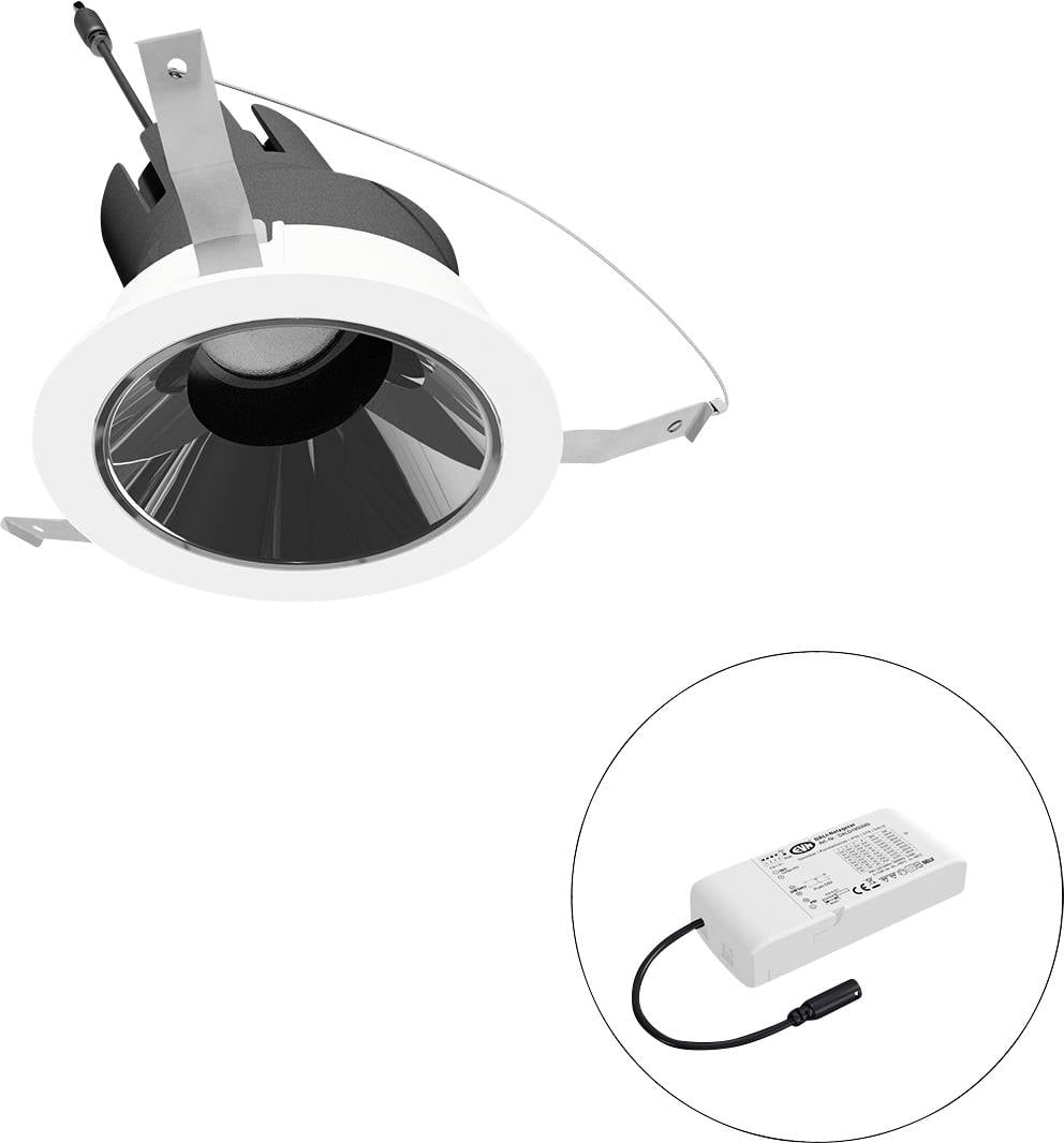 Ingebouwde plafondspot met geïntegreerde driver, weergegeven met een inzet van de voeding en kabel.