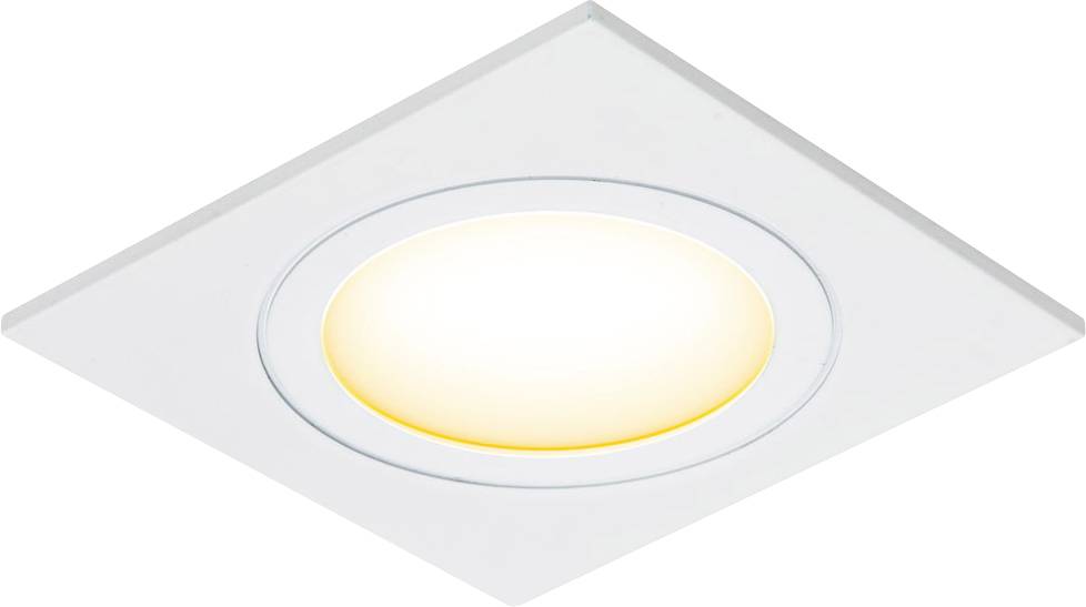 Vierkante inbouwplafondlamp met een gloeijend cirkelvormig LED-centrum in een witte panellijst.