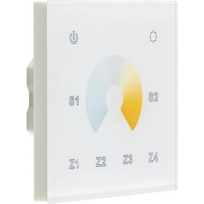 Aan de muur gemonteerd aanraakpaneel met stroom- en lichtpictogrammen, een centrale kleur-/helderheidsschakelaar, en labels S1, S2, Z1-Z4 voor zoonecontroles.
