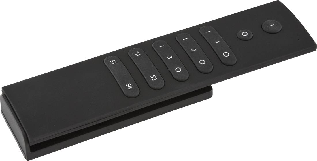 Zwarte afstandsbediening met knoppen gelabeld $1, $2, $3, $4, 1, 2, 3, 4, 0 en stroomregelaars.