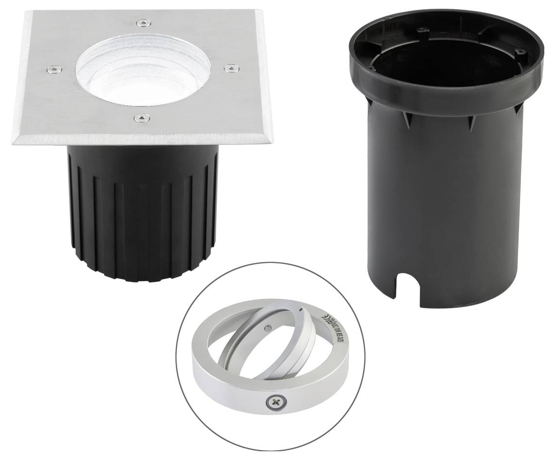 Productafbeelding van een vierkante inbouwgrondlamp met zwarte behuizing en aparte ronde trimbring die hieronder is weergegeven.