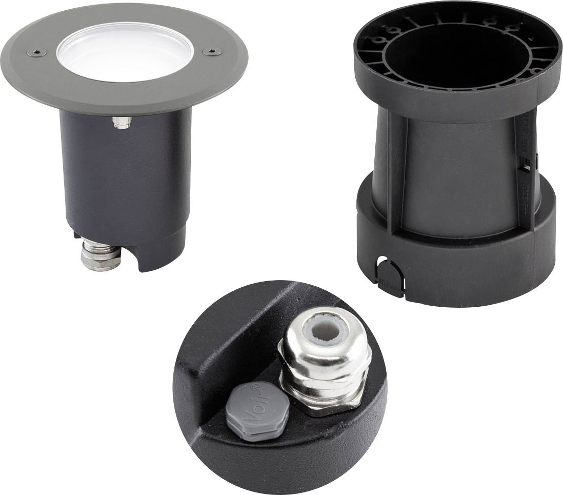 Drie aanzichten van een zwarte cilindrische behuizing voor verlichtingsarmatuur met een ronde flens; close-up toont de aansluitklemmen en bevestigingsbeslag.