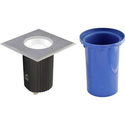 Inbouwplafondlamp met witte rand en zwart interieur, afgebeeld met een aparte voedingsmodule in een inzet.