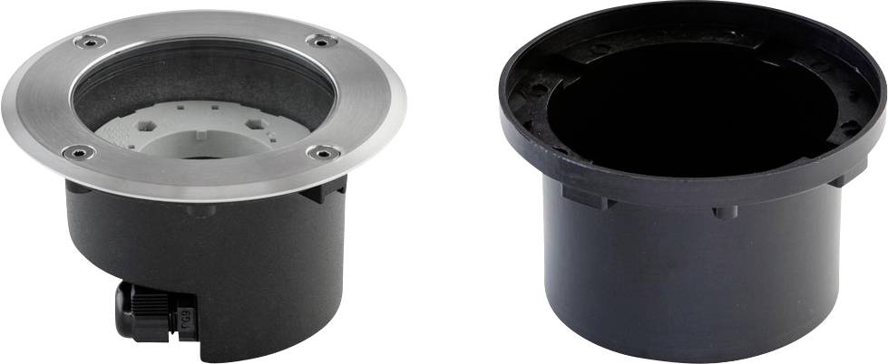 Twee ronde inbouw-lichtarmaturen, één met zilveren rand en geïnstalleerd uitziende, één met zwarte behuizing ernaast afgebeeld op een witte achtergrond.