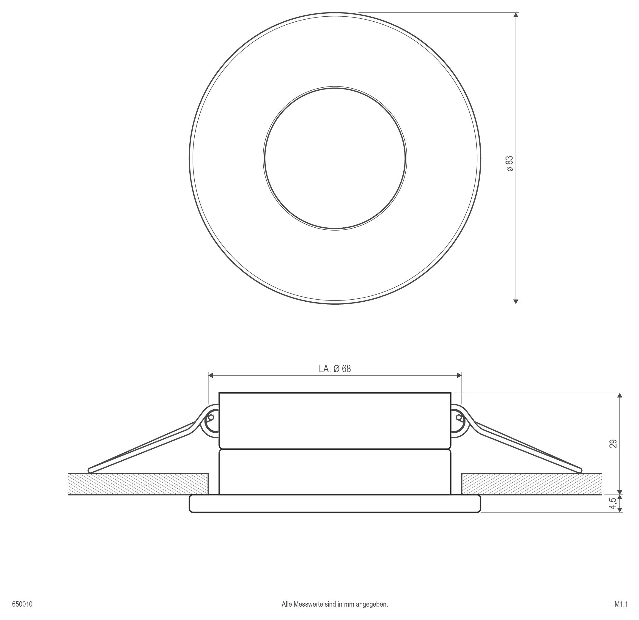 Technische tekening van een ingebouwde ronde lichtarmatuur, weergegeven in bovenaanzicht en zijaanzicht met afmetingen.