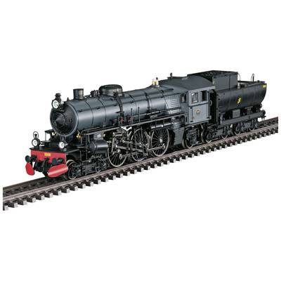 Een zwart model van een stoomlocomotief op rails, gedetailleerd met zichtbare techniek en rode buffers.