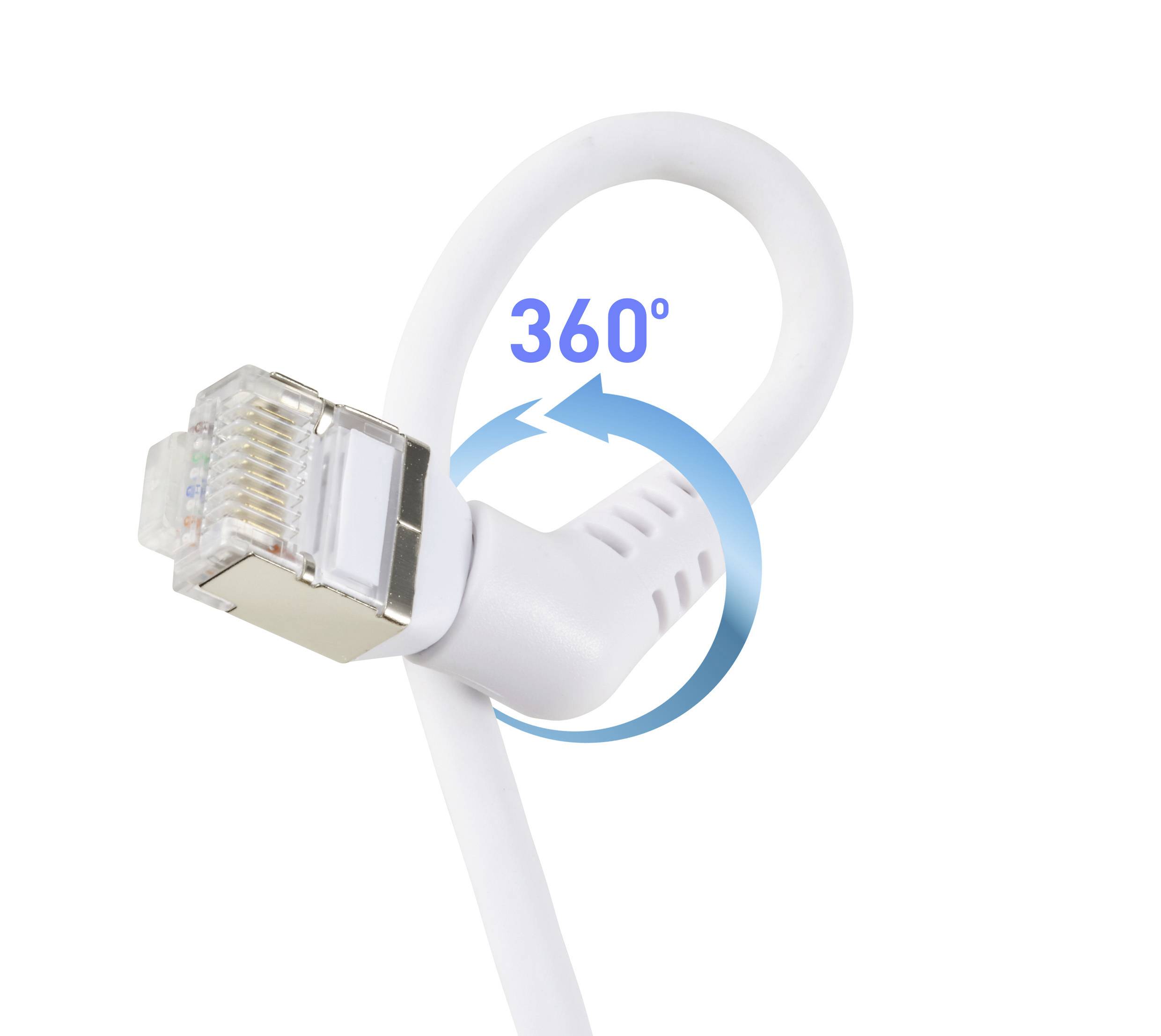 Een wit netwerkkabel met een 360 graden draaibare aansluiting, die flexibiliteit en veelzijdige aansluitingsmogelijkheden symboliseert.