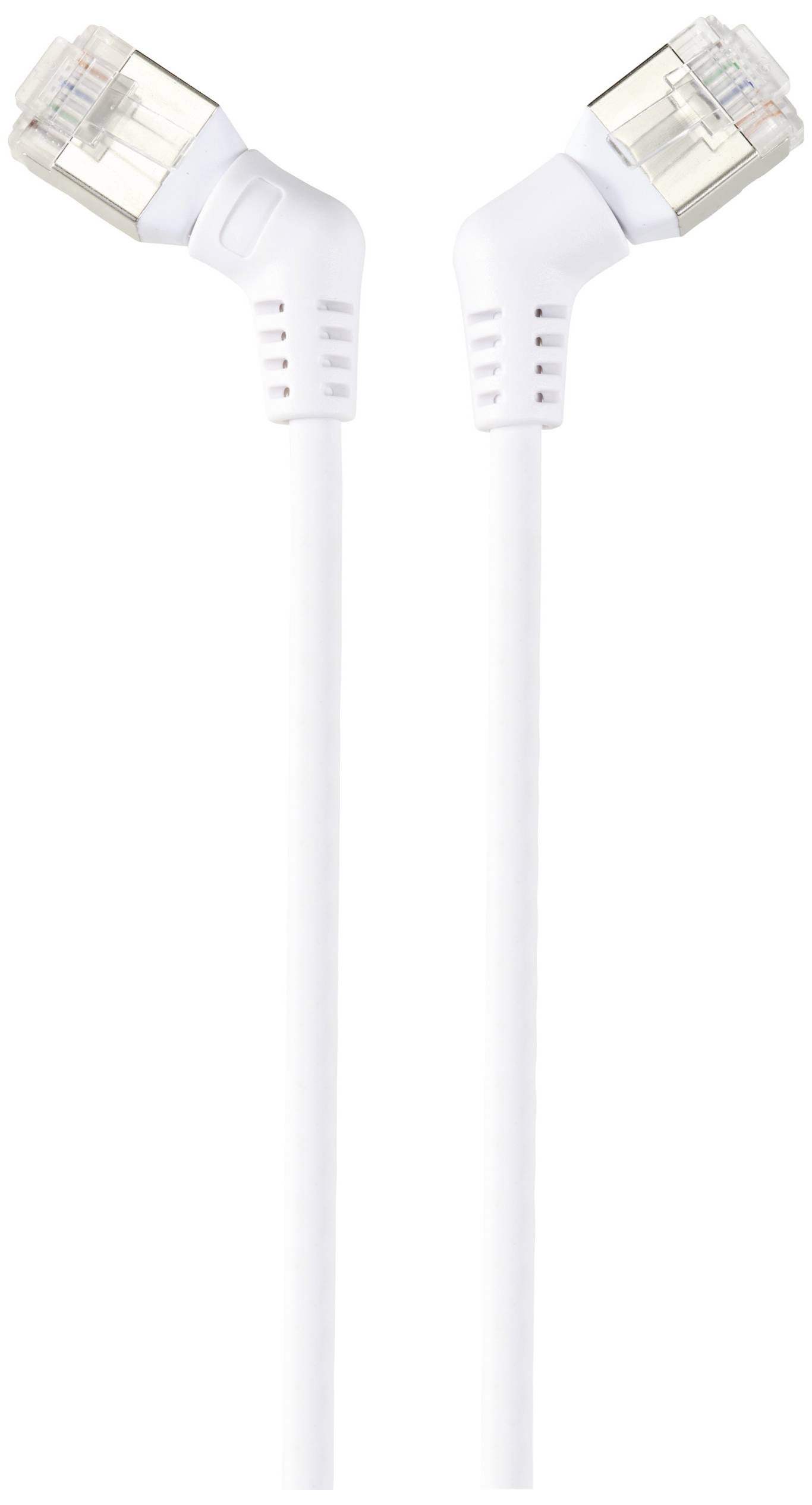 Twee witte Ethernet-kabels met haakse connectoren voor een ruimtebesparende verbinding.