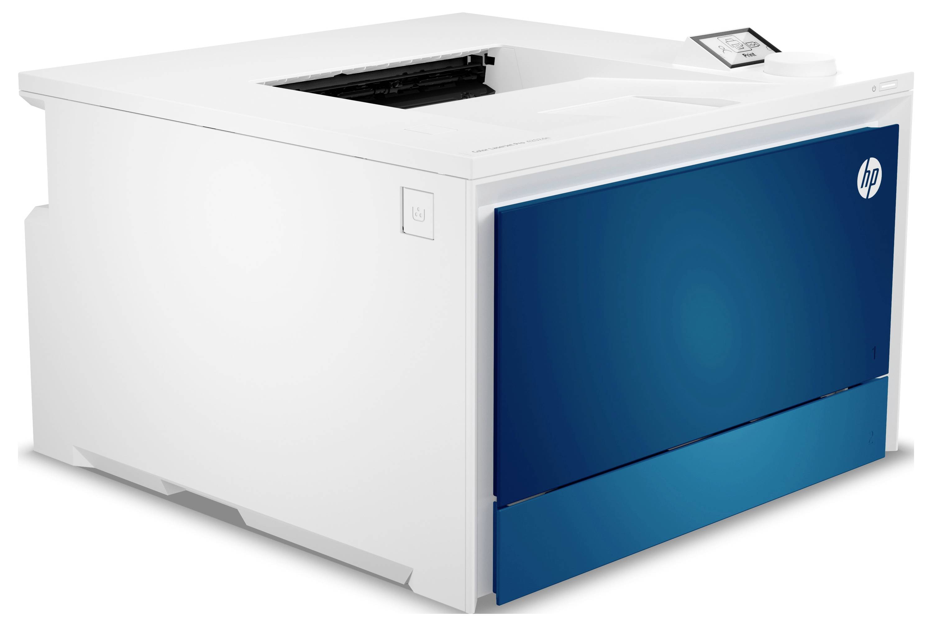 Witte HP laserprinter met blauw frontpaneel getoond op een witte achtergrond, bekeken vanaf de voorkant-linkerkant.