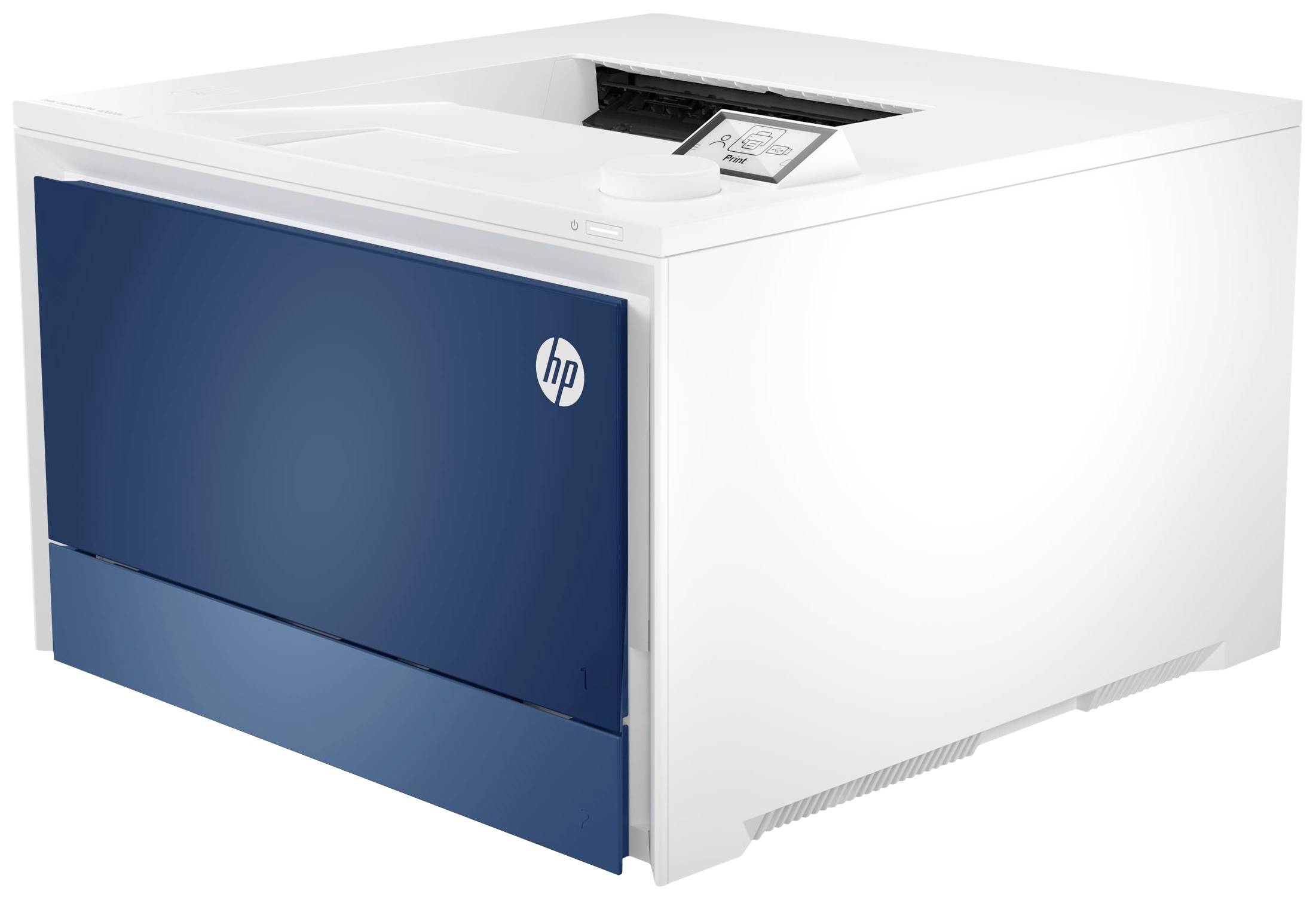 Een witte printer met een blauwe voorpaneel van HP. Bovenop bevindt zich een display dat 'Informatie' toont.