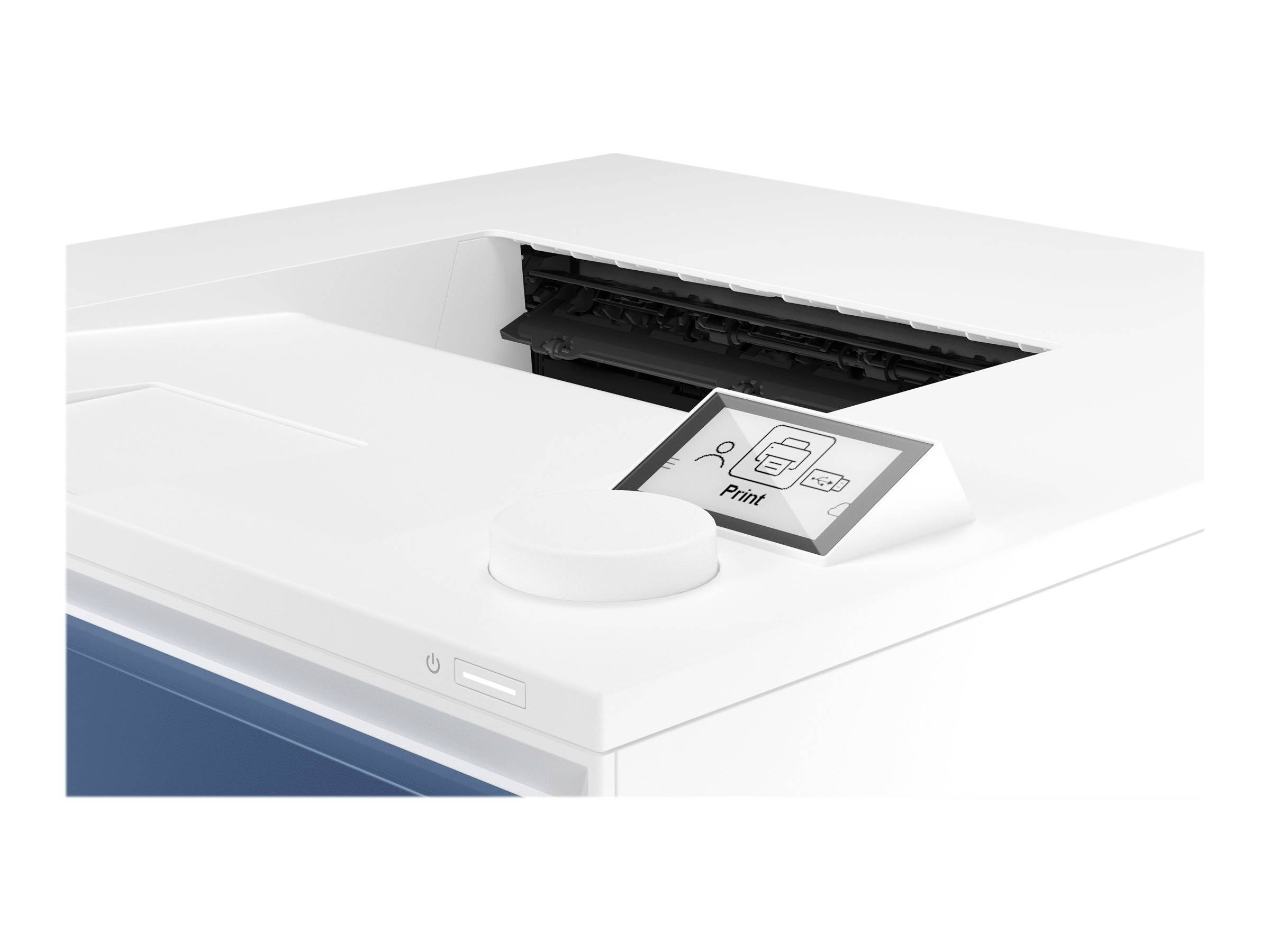 Een witte printer met een touchscreen-display. Op het display is een gebruikersinterface zichtbaar met de tekst 'Print'.