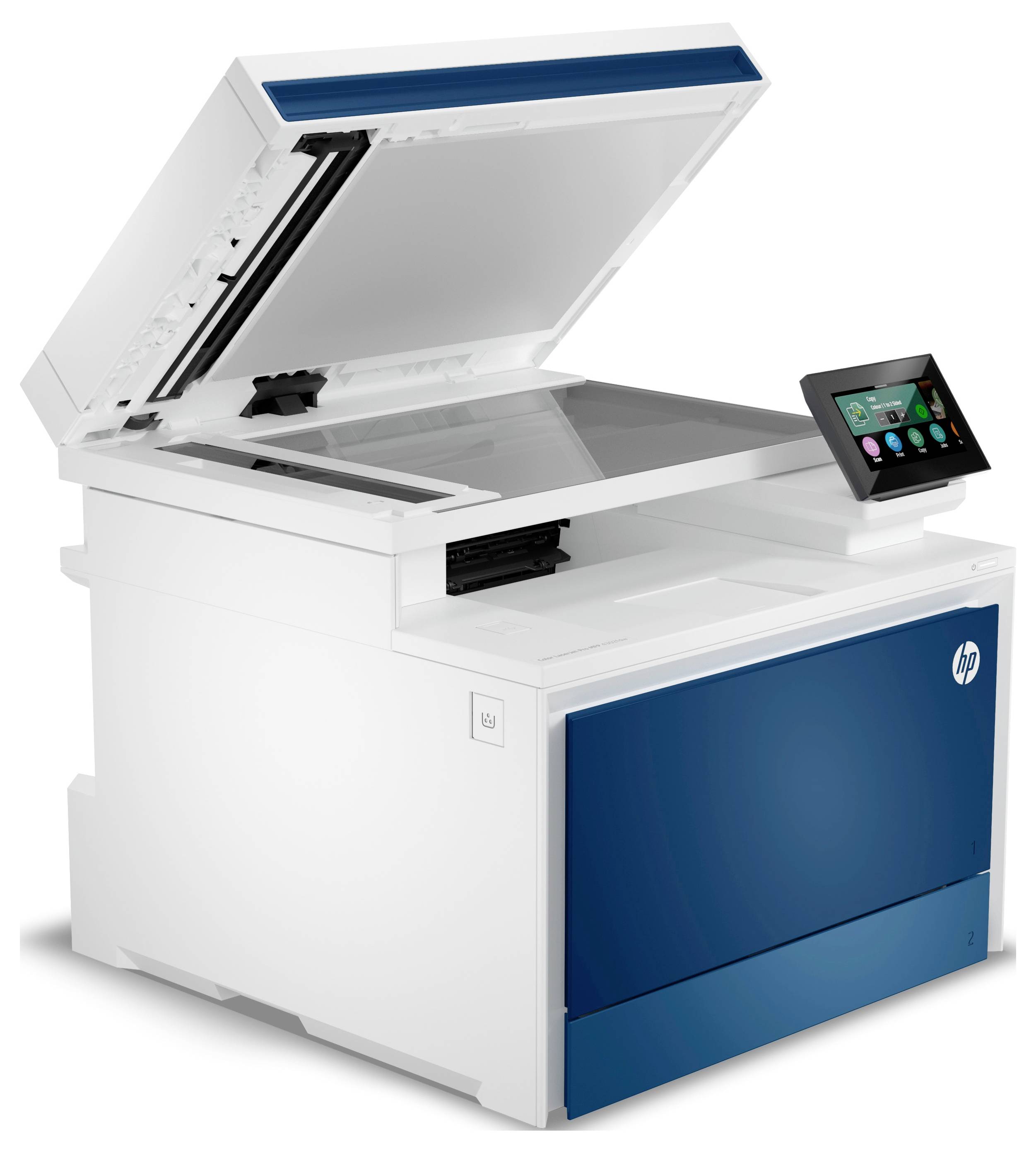 Grote wit en blauwe HP multifunctionele printer met geopende scannerdeksel en een aanraakscherm bedieningspaneel aan de rechterkant.