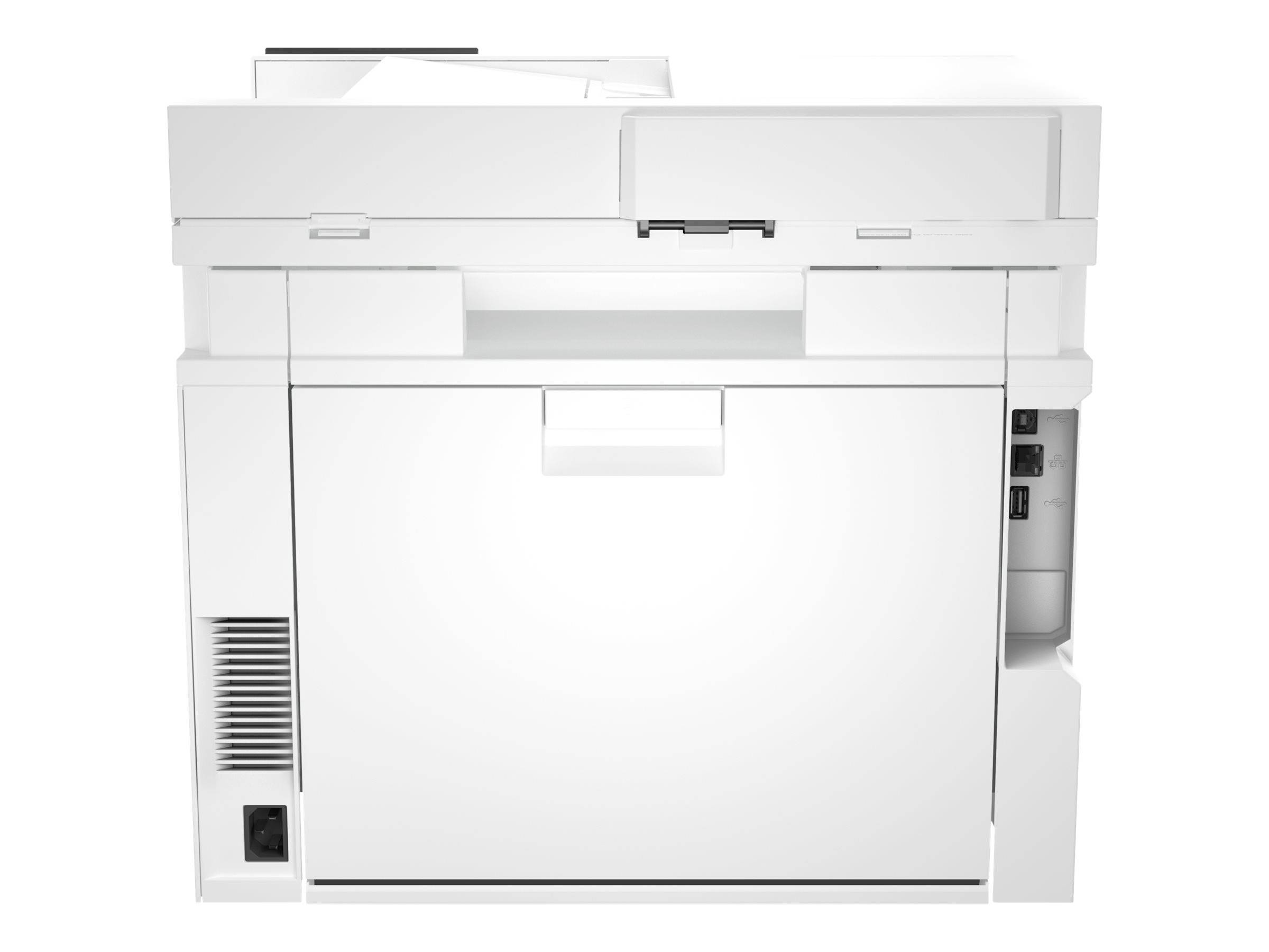Een witte multifunctionele printer met papiertoevoer bovenaan en meerdere aansluitingen aan de zijkant. Ideaal voor kantoren en werkplekken.