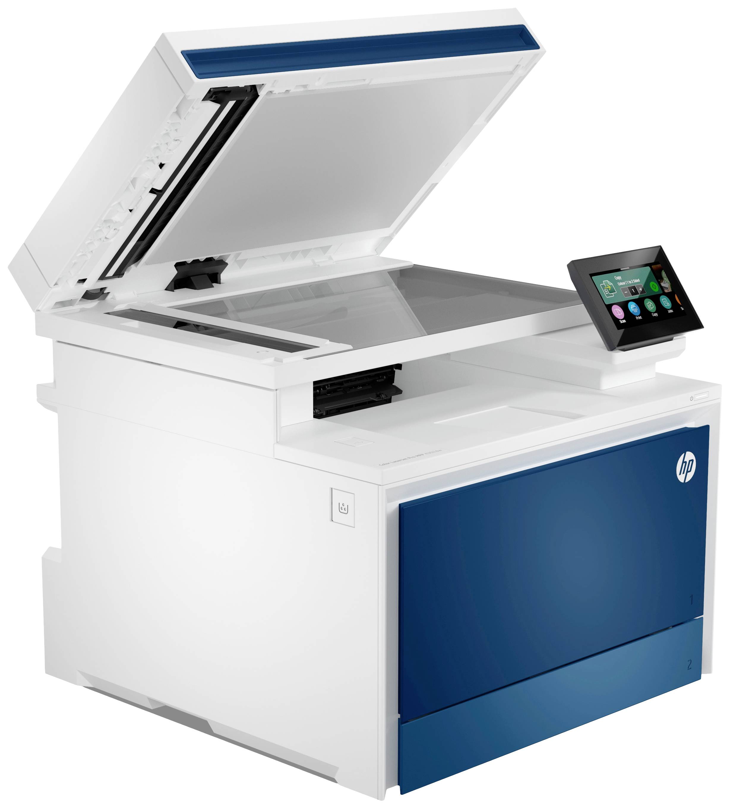 De geopende fotokopieermachine toont een bedieningspaneel met een kleurenaanraakscherm en scanoppervlak, klaar voor het scannen of kopiëren van documenten.