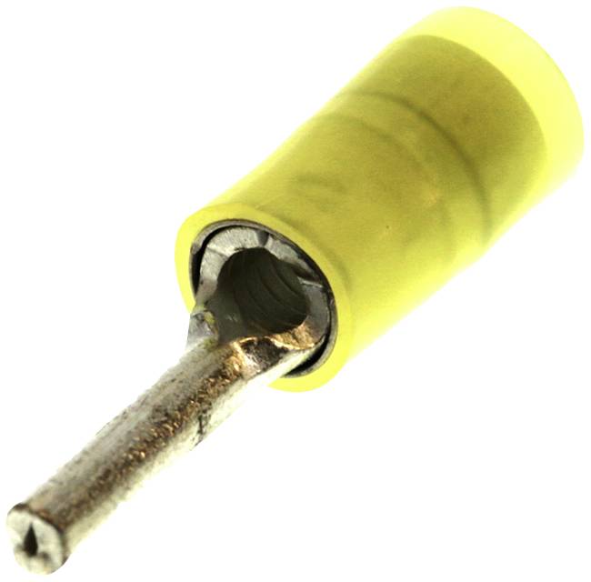 Een gele platte stekker met metalen pen, geïsoleerd. Wordt gebruikt bij elektrische verbindingen voor het bevestigen van draden. Voornamelijk ingezet in de elektronica.