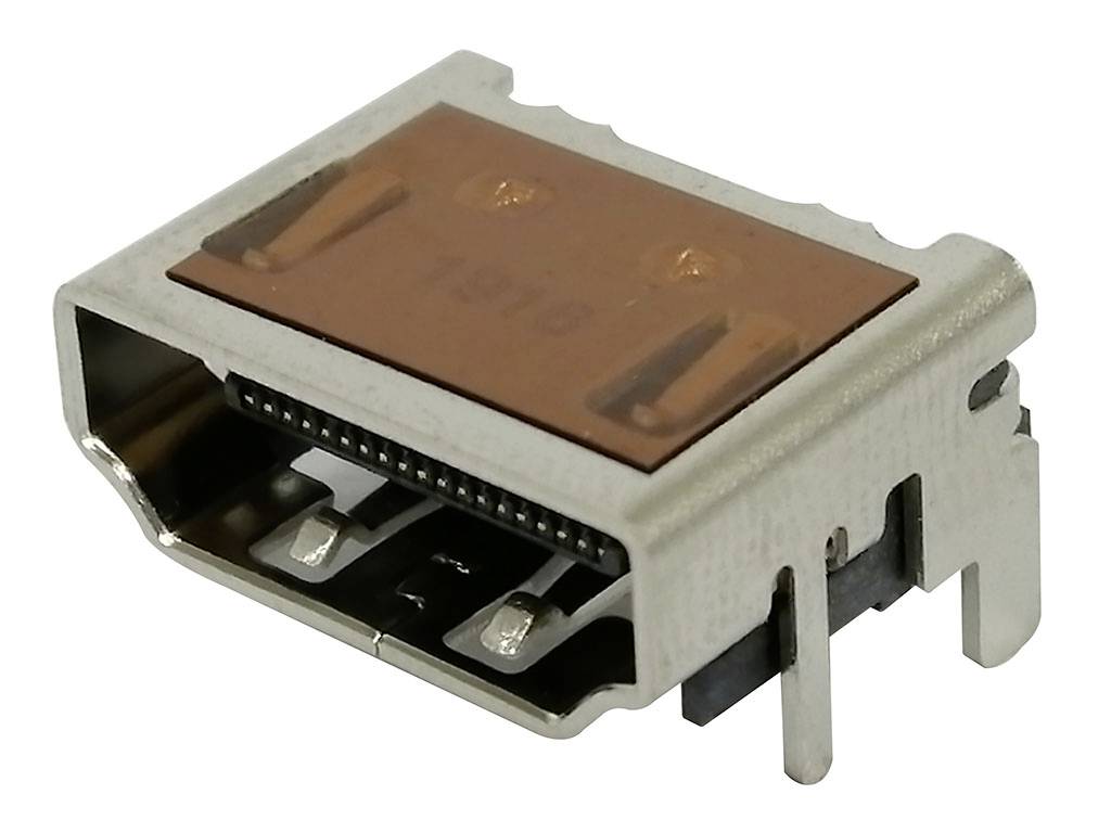 Een close-up van een HDMI-aansluiting. Het toont de metalen contactpunten en de externe bevestigingsstructuur van de stekker.