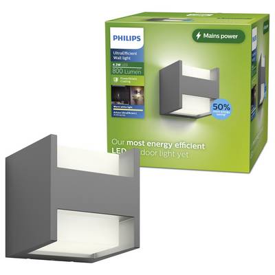 Philips ultra-efficiënte LED-wandlamp weergegeven met zijn groene productdoos, gelabeld '800 lumen' en '50% meer energiebesparing'.