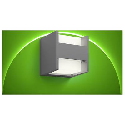 Grijze aan de muur bevestigde lichtfitting op een felgroen achtergrond, weergegeven in 3D-perspectief.