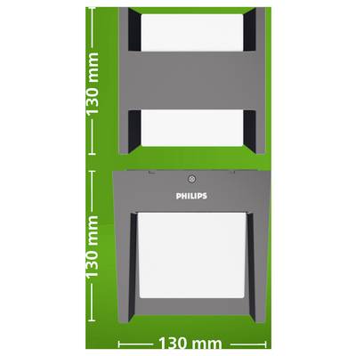 Diagram van een Philips grijze wandlamp weergegeven in voor- en zijaanzicht op groene achtergrond, gelabeld met afmetingen van 130 mm bij 130 mm.