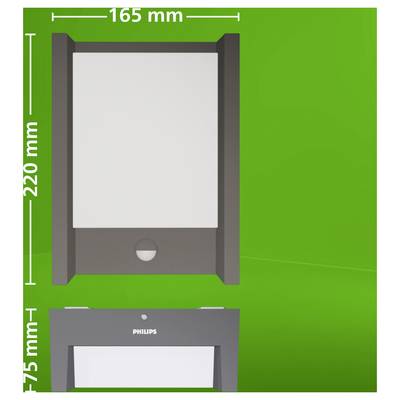 Productdimensionendiagram van een aan de muur gemonteerde Philips-verlichtingsarmatuur, met voor- en zijaanzichten met labels van 165 mm breed, 220 mm hoog en 75 mm diep.