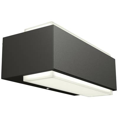 Een moderne, zwarte wandlamp met een rechthoekig behuizing en een matte afwerking. Hij straalt licht zowel naar boven als naar beneden uit.