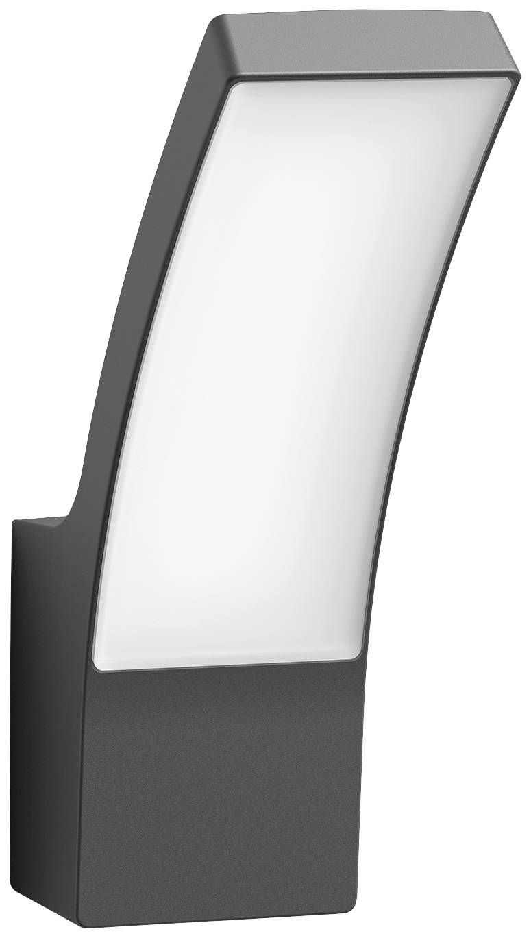 Moderne, gebogen buitenwandlamp in donkergrijs met een witte, opalen diffuser, ideaal voor stijlvolle tuin- of gevelverlichting.
