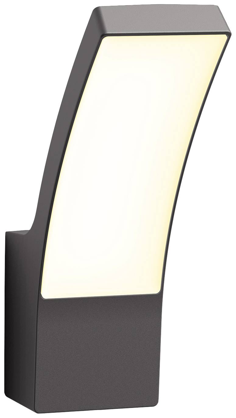 Moderne buitenlamp in zwart-wit met gebogen ontwerp; rechthoekig verlichtingsgebied, donkergrijze behuizing. Perfect voor muurbevestiging aan huis.